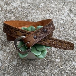 Western Boho Tooled Embossed Floral Leather Thin Belt